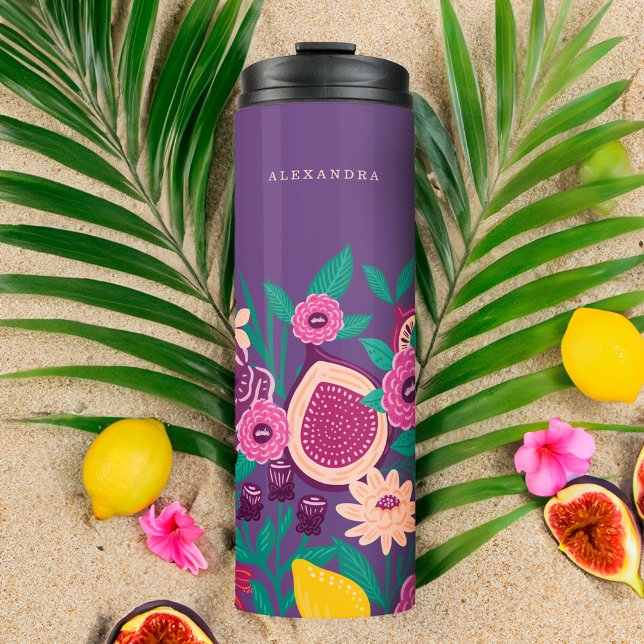 Garrafa Térmica Frutas tropicais e flores silvestres Violeta botân (Tropical Fruit & Wildflowers Botanical Violet Thermal Tumbler)