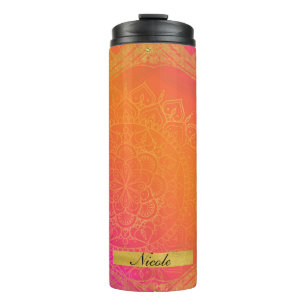 Garrafa Térmica Fuchsia Pink Orange e Dourada Índia Mandala Glam