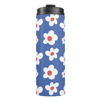 Garrafa Térmica Fundo Azul com Flor de Margarida Branca e Vermelha