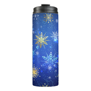 Garrafa Térmica Fundo Azul de NATAL com Flocos de Neve Dourados