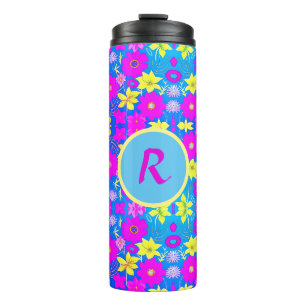 Garrafa Térmica Fundo com padrão de flores rosa azul amarelo adici
