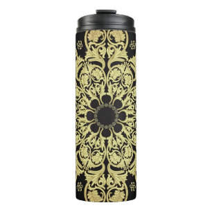 Garrafa Térmica Fundo Floral com Redemoinhos de Ouro de Luxo