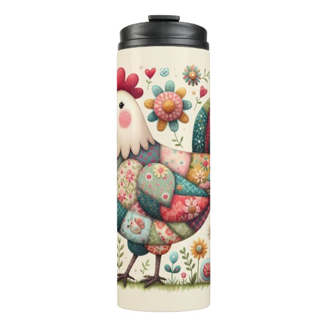 Garrafa Térmica Galo de Patchwork Folclórico com Acentos Florais (Frente)