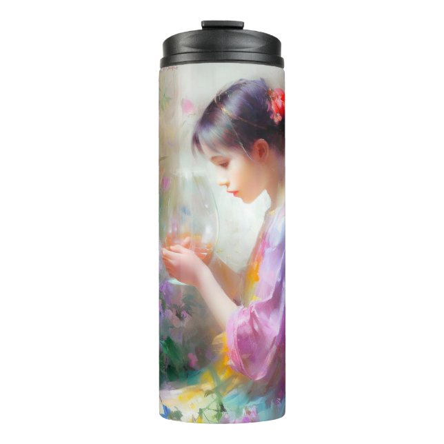 Garrafa Térmica Garota admirando uma flor em suas mãos (Frente)
