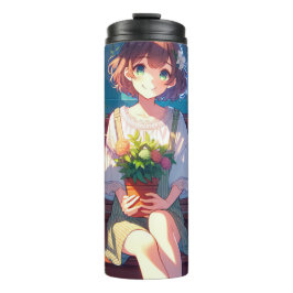 Garrafa Térmica Garota de Animação Bonita segurando uma Planta
