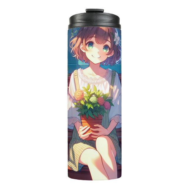 Garrafa Térmica Garota de Animação Bonita segurando uma Planta (Frente)