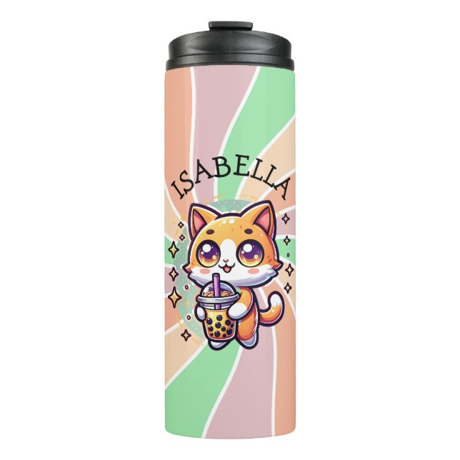 Garrafa Térmica Gatinho Kawaii Bonito com Chá de Bolha Personaliza (Frente)