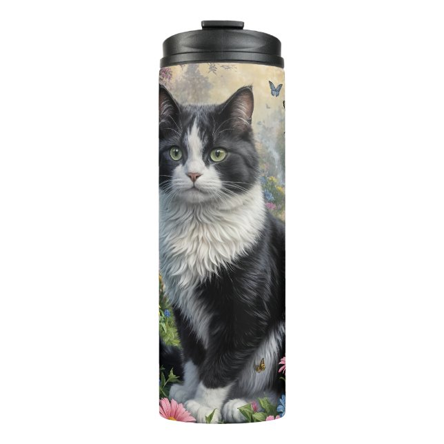 Garrafa Térmica Gatinho no jardim florido (Frente)