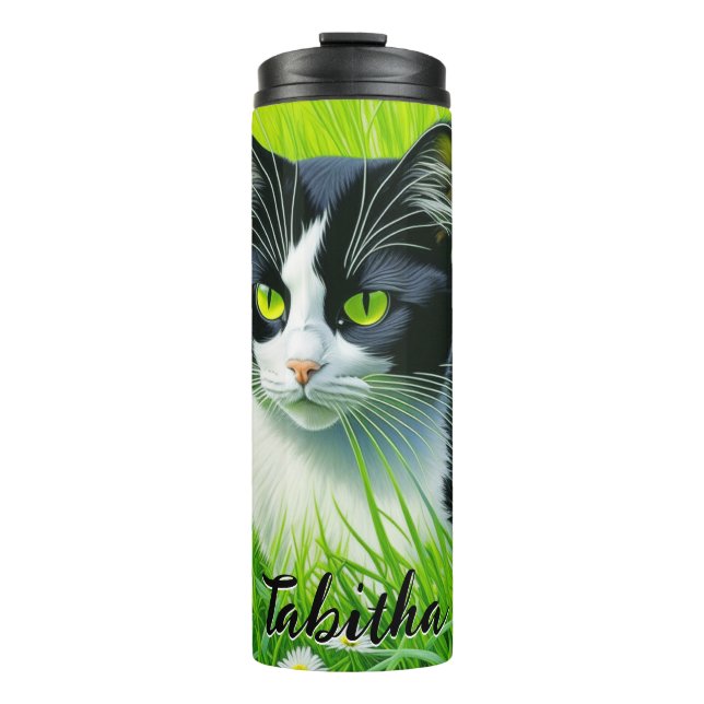 Garrafa Térmica Gato Adorável Personalizado em um campo de Daisies (Frente)