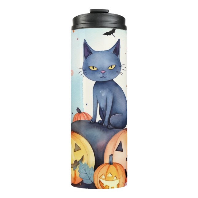 Garrafa Térmica Gato Azul Oriental Halloween Com Pumpkins Assustad (Frente)