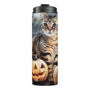 Garrafa Térmica Gato Bengal Halloween Com Abóboras Assustador