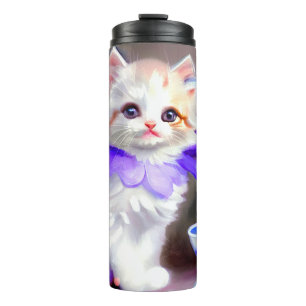 Garrafa Térmica Gato branco com pintura de colarinho de flores rox