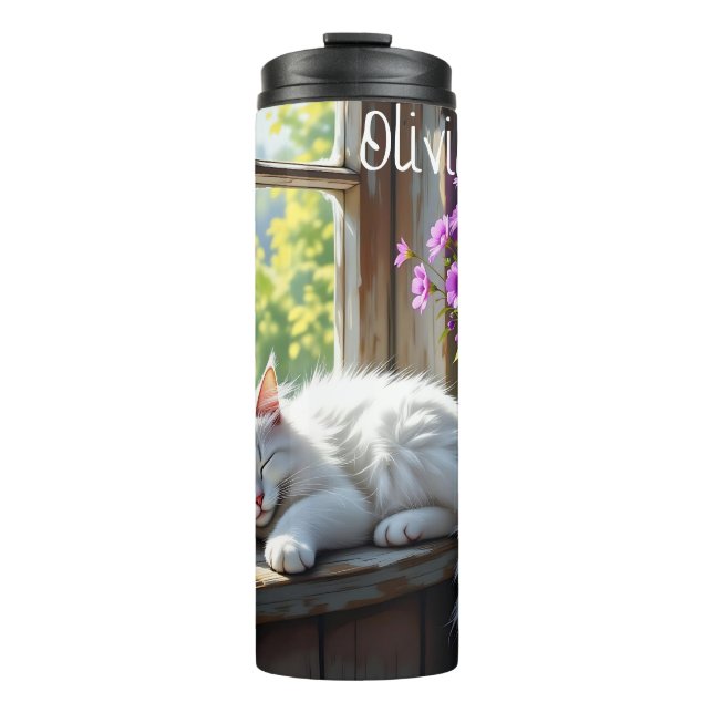 Garrafa Térmica Gato Branco Dormindo e Flores Roxas Personalizado (Frente)