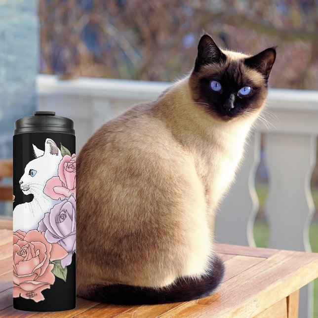 Garrafa Térmica Gato Branco Floral Pastel Botânico Romântico Preto (Criador carregado)