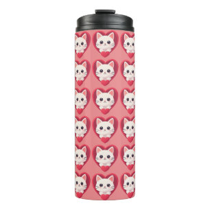 Garrafa Térmica Gato Branco Fofo com Coração Desenho de Kawaii Kit