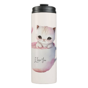 Garrafa Térmica Gato branco-rosado e bonito numa Taça de chá (4)