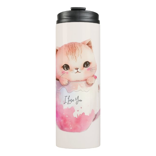 Garrafa Térmica Gato branco-rosado em uma taça de chá (2) (Frente)