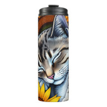 Gato Cinza Doce Adormecido e Girassol