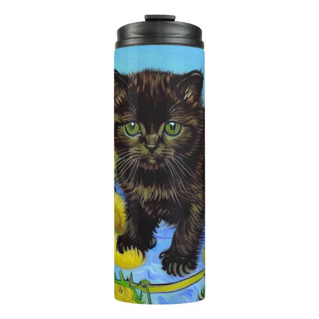 Garrafa Térmica Gato de estilo Van Gogh com Sunflower (Frente)