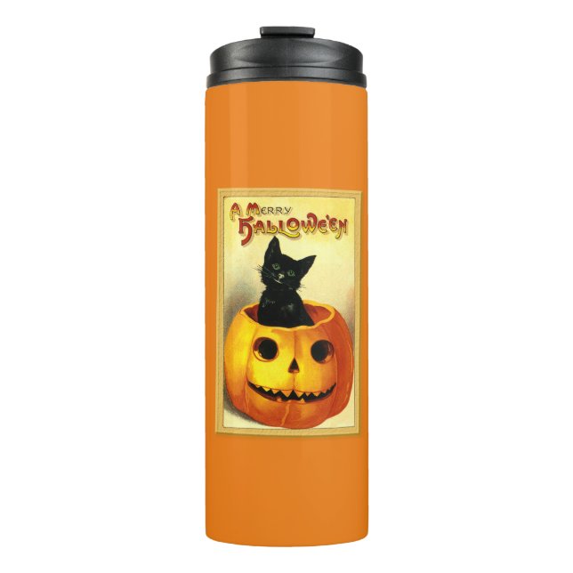 Garrafa Térmica Gato de Halloween Sentado no Jack O Lantern (Frente)