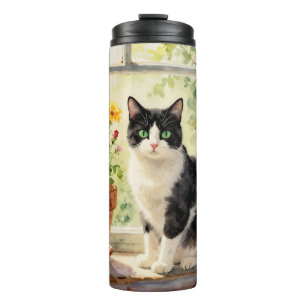 Garrafa Térmica Gato em Aquarela e Flores no Parapeito da Janela