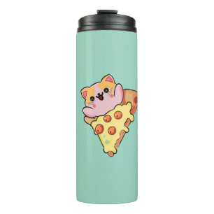 Garrafa Térmica Gato Kawaii Abraçando Pizza de Pepperoni Cartoon