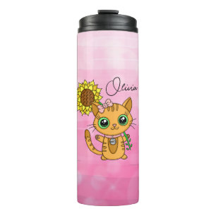 Garrafa Térmica Gato Kawaii, Cute Personalizado, Segurando Flor