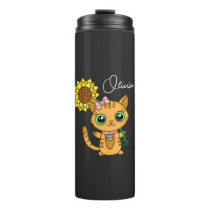 Garrafa Térmica Gato Kawaii, Cute Personalizado, Segurando Flor