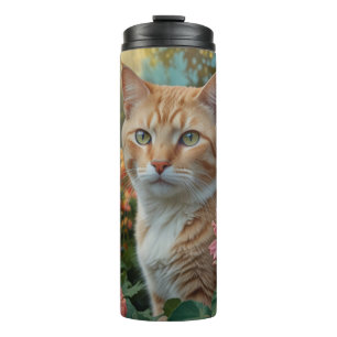 Garrafa Térmica Gato laranja branco bonito em jardim floral