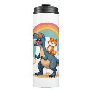 Garrafa Térmica Gato Montando Dinossauro T-Rex Gatinho Arco-Íris D