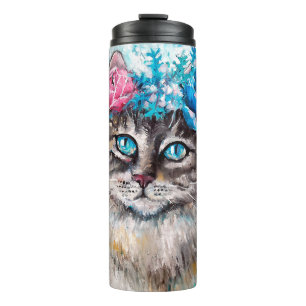 Garrafa Térmica Gato na pintura de óleo de coroa floral na canvas.