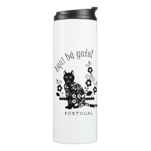 Garrafa Térmica Gato negro com flores e expressão portuguesa