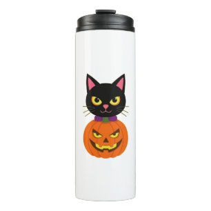 Garrafa Térmica Gato Negro e Jack-O'-Lanterna no Halloween Spooky