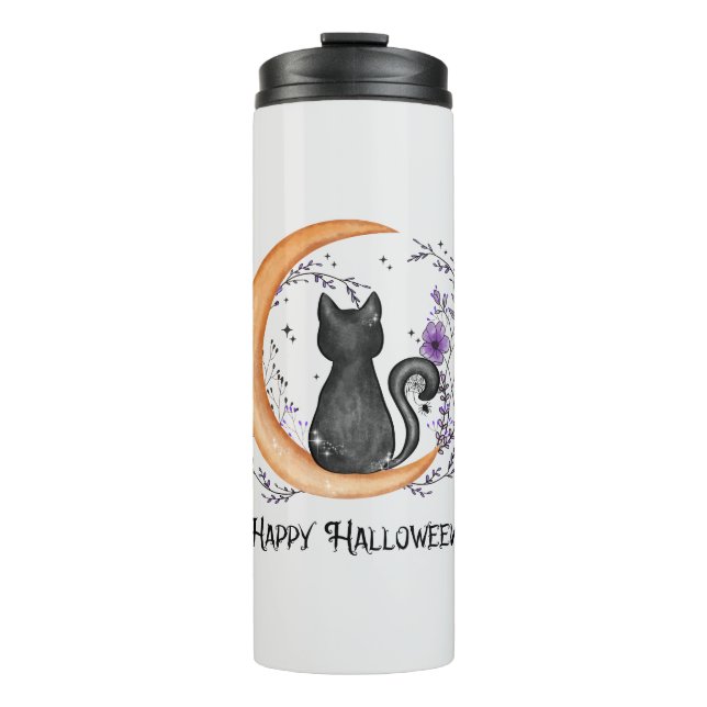 Garrafa Térmica Gato Negro e Lua Crescente para Feliz Halloween (Frente)