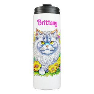 Garrafa Térmica Gato Persa Branco em Flores Personalizado