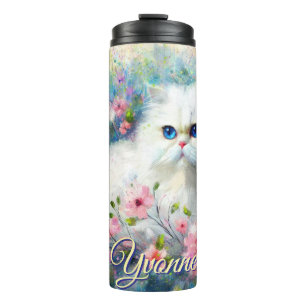 Garrafa Térmica Gato Persa Olhos Azuis em Flores Rosas Personaliza