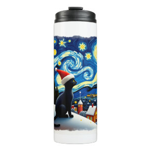 Garrafa Térmica Gato Preto com Chapéu de Papai Noel Festivo Noturn