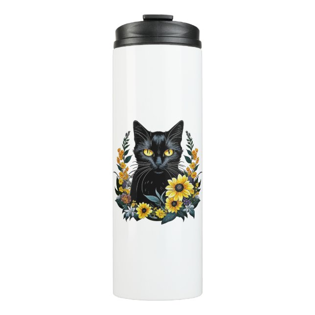 Garrafa Térmica gato preto com flores (Frente)