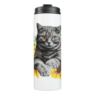 Garrafa Térmica Gato Preto Com Girassóis, Presentes Para Amantes D