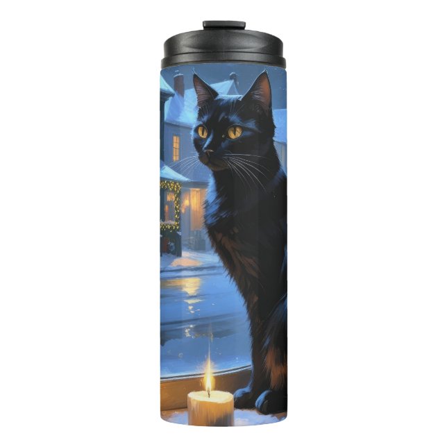 Garrafa Térmica Gato Preto Com Luzes de Natal Feriado (Frente)