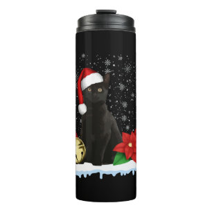 Garrafa Térmica Gato Preto Com Um Chapéu de Papai Noel Fantasia de