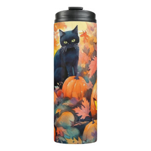 Garrafa Térmica Gato Preto de Halloween com Abóboras Assustador