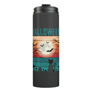 Garrafa Térmica Gato Preto De Halloween Lua Cemitério Vetor Retro