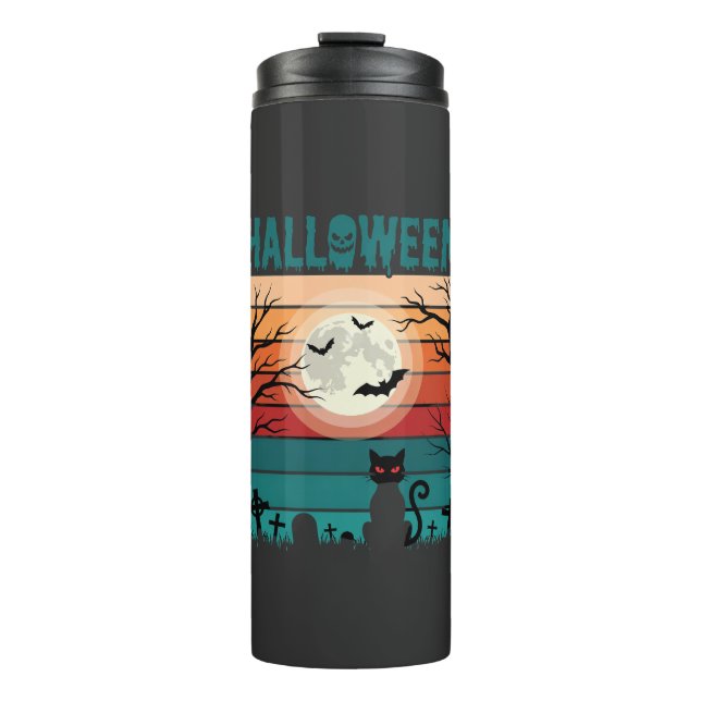 Garrafa Térmica Gato Preto De Halloween Lua Cemitério Vetor Retro  (Frente)