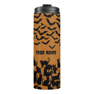 Garrafa Térmica Gato Preto do Halloween Morcego Laranja Padrão Ass