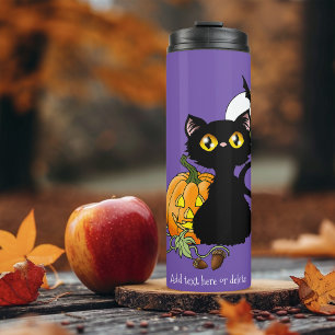 Garrafa Térmica Gato Preto Fofo Roxo Assustador Abóbora de Hallowe