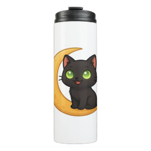 Garrafa Térmica Gato Preto Sorridente com Olhos Verdes Brilhantes