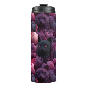 Garrafa Térmica Gato Preto Surreal e Padrão Floral Peônia Rosa