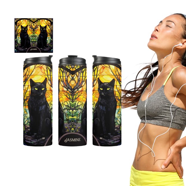 Garrafa Térmica Gato Preto Vidro Arrefecido Yoga Amarela (Black Cat Lover with Stained Glass Design Thermal Tumbler )