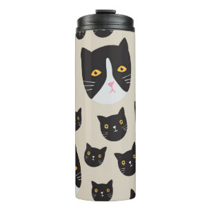 Garrafa Térmica Gato Sem Olhos, Ilustração De Padrão Whimsical.